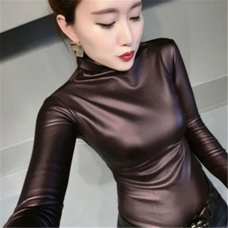 Women's Blouses Shirts Fashion Autumn Women PU Leather Tops turtleneck Long Sleeve slim Casual blouse plus size 4XL ladies tops PZ1053 230510
