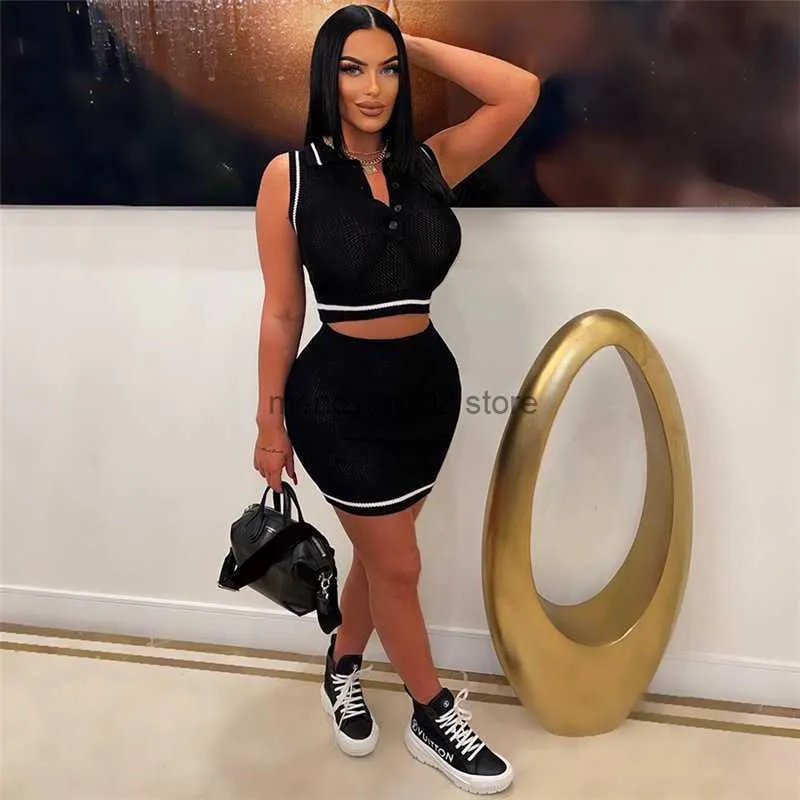 2023 Sexy See Through Hollow Knit Short Fishnet Dress Set For