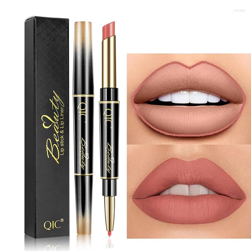 Lip Gloss 2 IN 1 Liner Waterproof Long Lasting Non-stick Cup Matte Lipstick Pencil Professional Velvet Sexy Red Contouring Ink