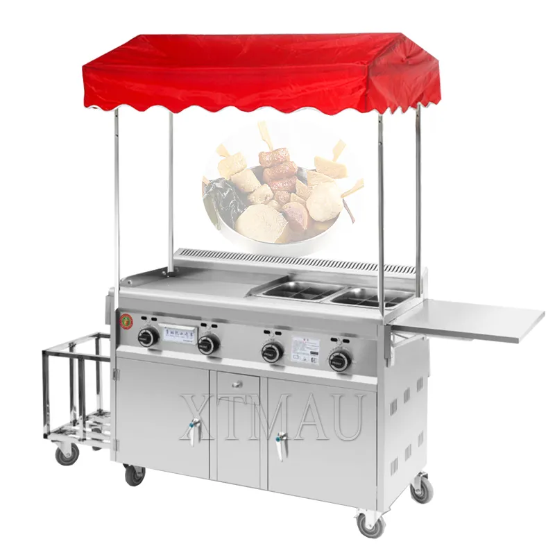 Upgrade Commercial Gas Snack Car Stainless Steel Snack Cart Frying Pan Multi-Function Teppanyaki+Fried Food Equipment 1pc