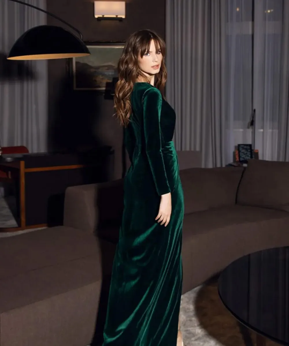 Velvet Evening Dresses Formal Prom Party Gown Straight V Neck Long Sleeve Floor Length Sweep Train long Plus Size Thigh High Slits