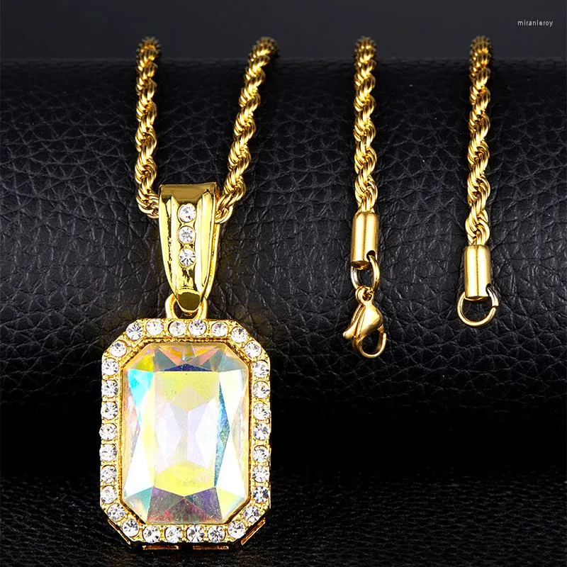 Chains Men Hip Hop Pendant Women Fashion Gold Color Iced Out Rhinestone Mini Square Red Blue Gem Crystal Cuban Necklace Drop
