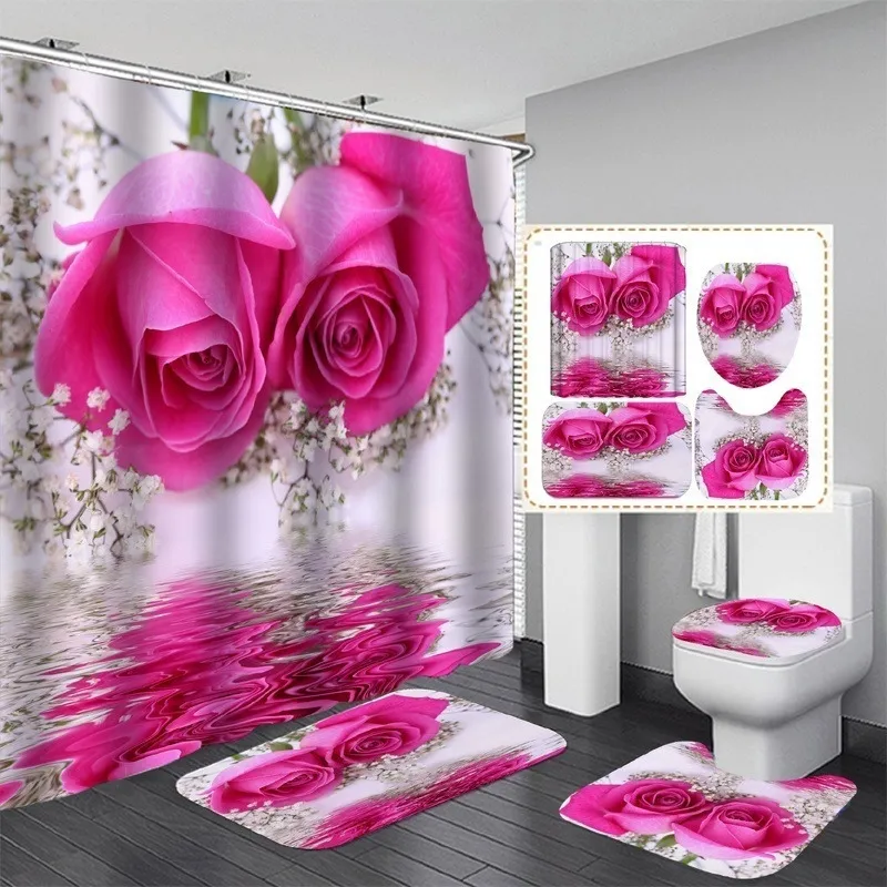 Shower Curtains Waterproof Bathroom Flower Bath Sets Toilet Cover NonSlip Mat Rug Carpet Set Home Decor Accessories 230510