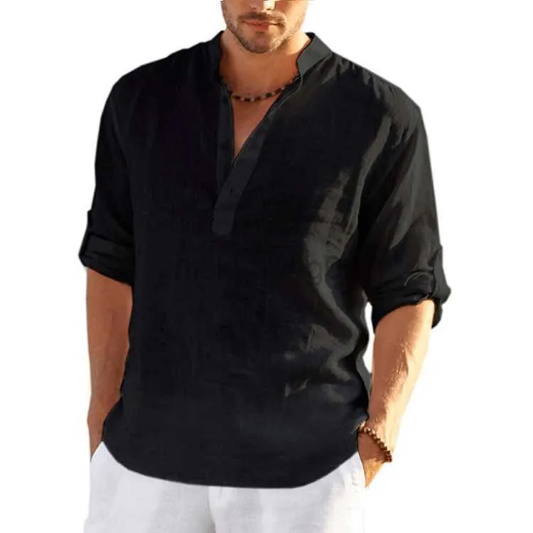 Men's Casual Shirts Men Cotton Linen T-shirts Summer V Collarless Long Sleeve Solid Sand Beachwear Office Man Tee Shirt Tops BSDFS-ZT167 Y23