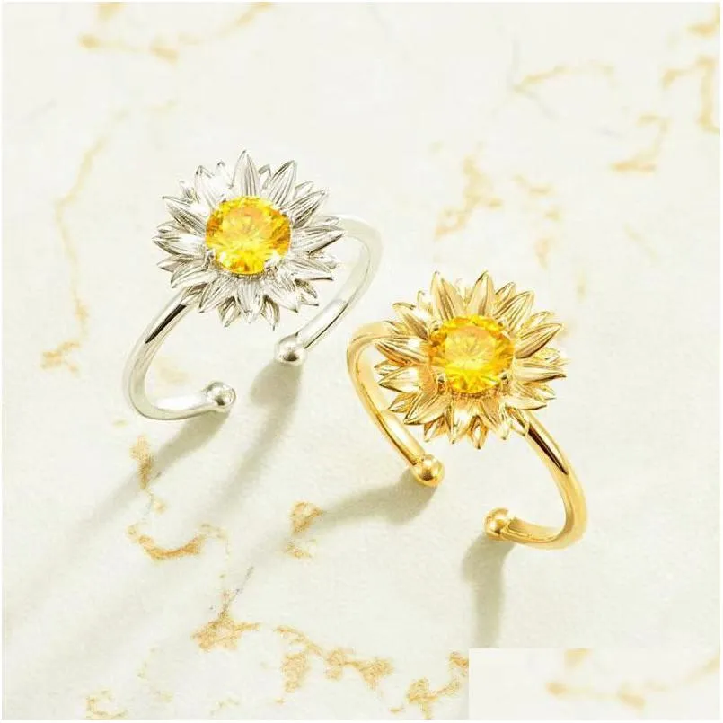 Band Rings Sunflowers For Women Plant Design Accessories Mini Finger Adjustable Open Ring Valentines Day Gfit Drop Delivery Jewelry Dhpk9