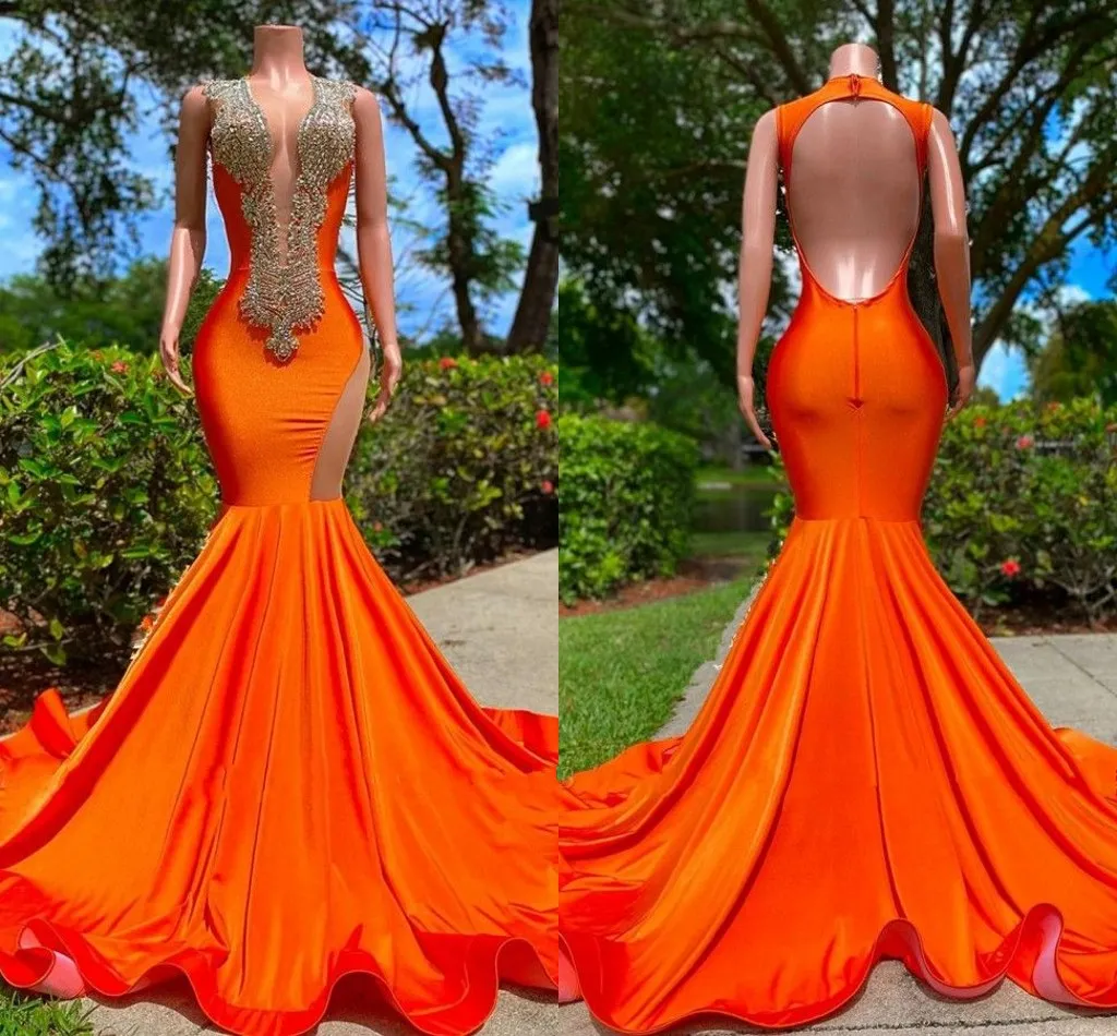 Sexy oranje zeemeermin prom jurken lang voor vrouwen kristallen Rhinestone Deep V nek Backless formele avondfeest tweede receptie verjaardagswedstrijdjurken