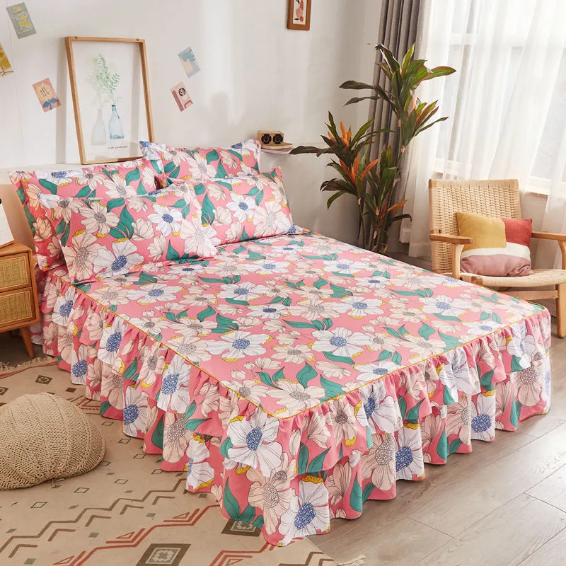 Bed rok 3 stks set huidvriendelijke zacht schuurprinses spread 1 st bloemen bed rok2pcs kussentje king queen size bruiloft bedapread 230510