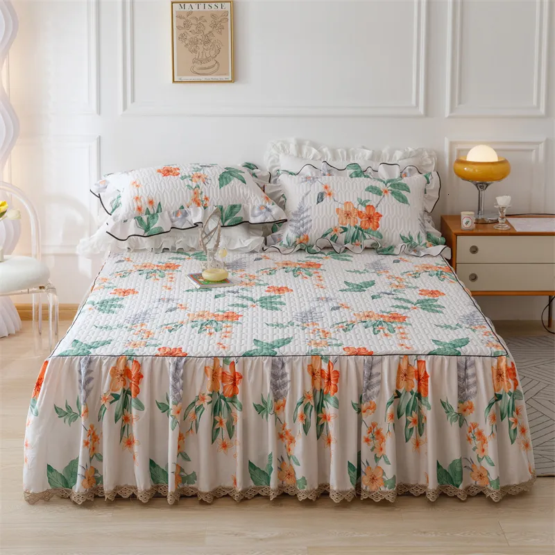 Gonna da letto Stile americano Cotone Principessa Romantica stampa floreale Gonna letto trapuntata con volant Copriletto Coprimaterasso Federe # / W 230510