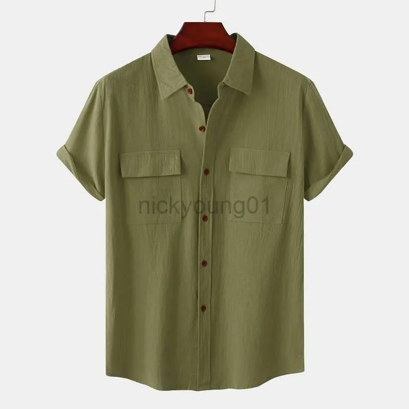Camisas casuais masculinas Camisa de linho de algodão verde para homens 2022 Marca de verão de bolso duplo de manga curta