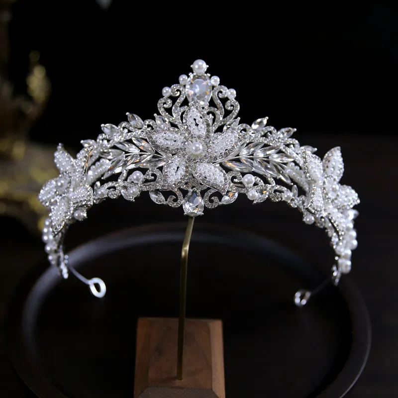 Silver Pearl Branch Tiara with Matching Drop Earrings - Women Accessories Silver Leaf Tiara and Pearl Jewelry Set for Bride Women  main image 2