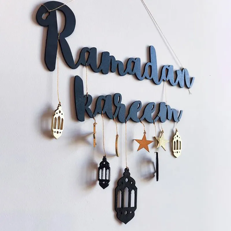 Décoration de fête Ramadan Kareem Décor Lune Étoile suspendus Pendentif En Bois Artisanat Eid Mubarak Pour La Maison Porte Bois Plaque Signe 230510