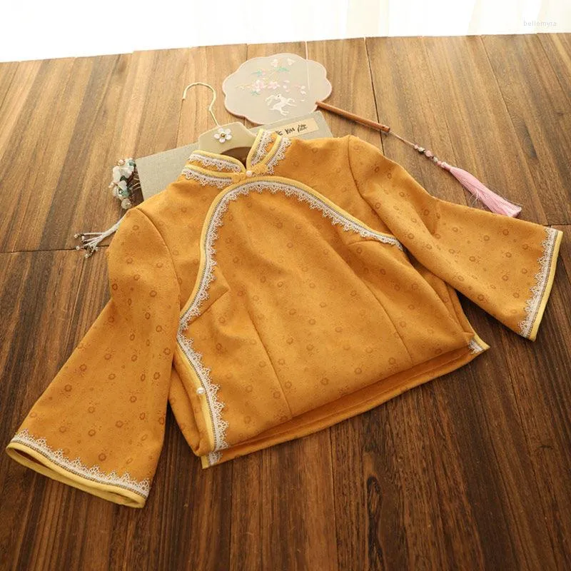 Abbigliamento etnico Camoscio giallo Cheongsam eleganti Abito tradizionale cinese moderno vintage Donna Hanfu Manica lunga Qipao Vestido femminile