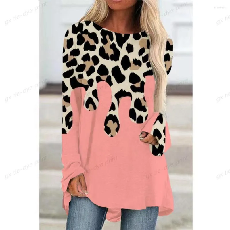 T-shirt da donna 2023 T-shirt da donna sexy allentata di moda manica lunga stampa leopardata girocollo autunno inverno top abito urbano Y2K