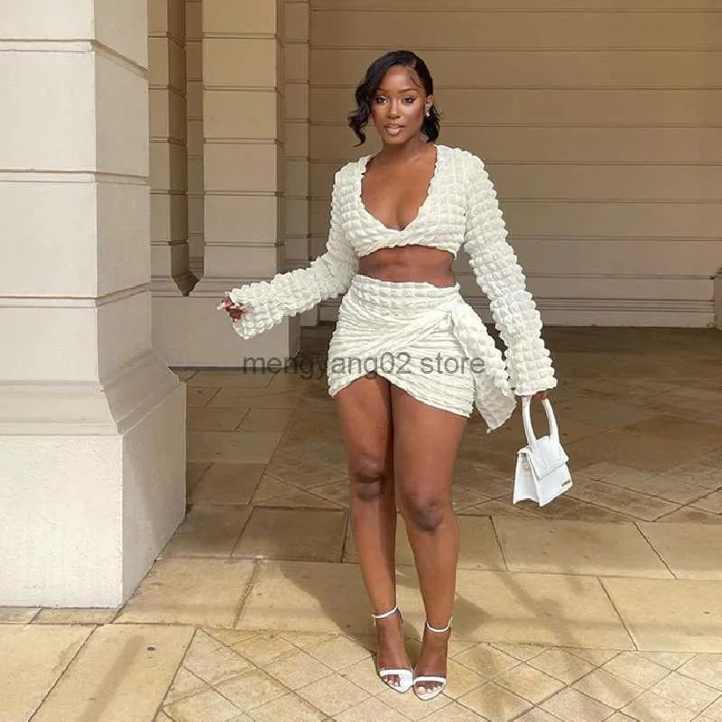 Sexy Bubble Fabric Sweater Dress Women Set For Women Long Sleeve