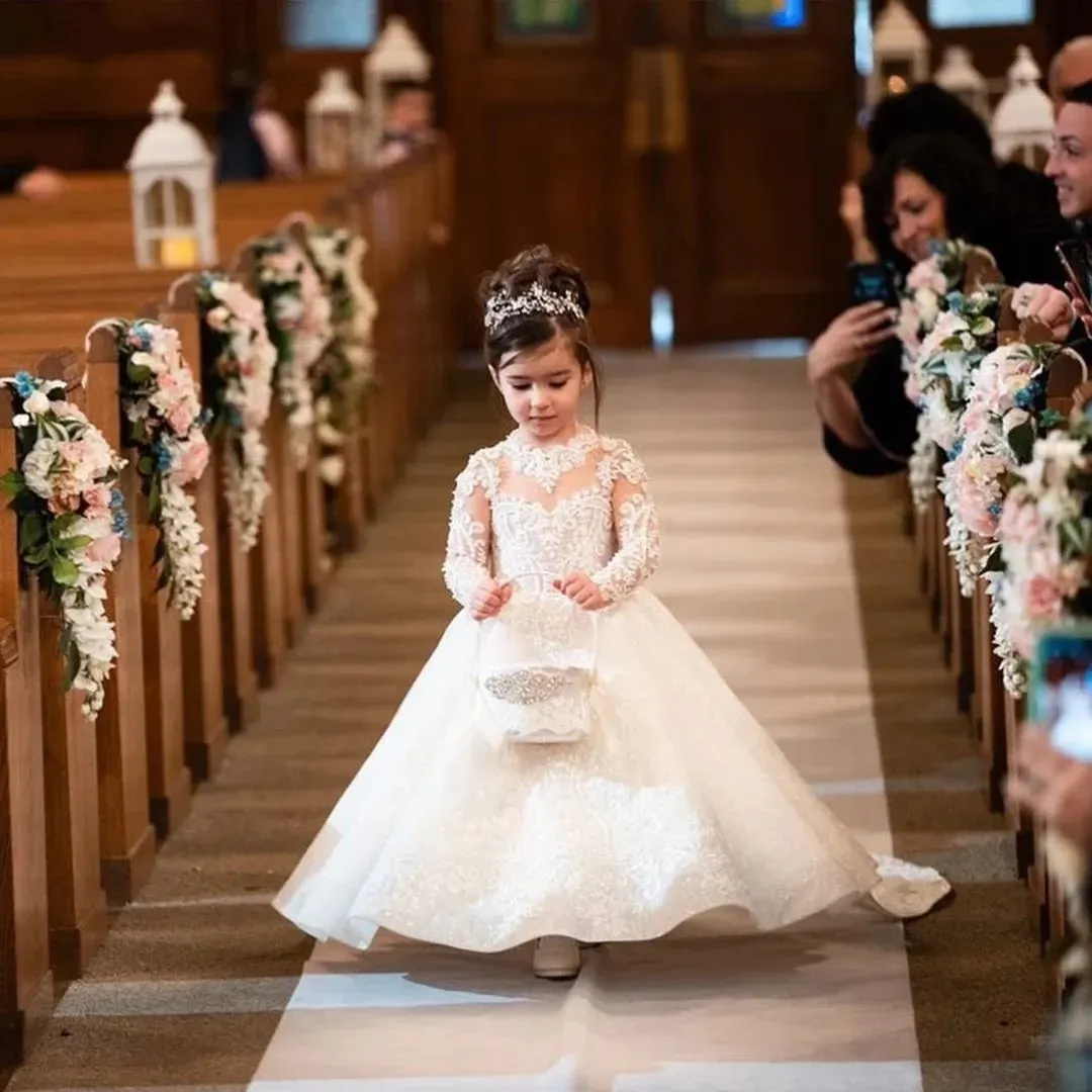 Robes De Filles De Fleur Ivoire Mignonnes Avec Train Détachable Arc Dos Dentelle Appliques Perlées Manches Longues Princesse Robe De Première Communion Enfant En Bas Âge Enfants Robes De Fête De Mariage