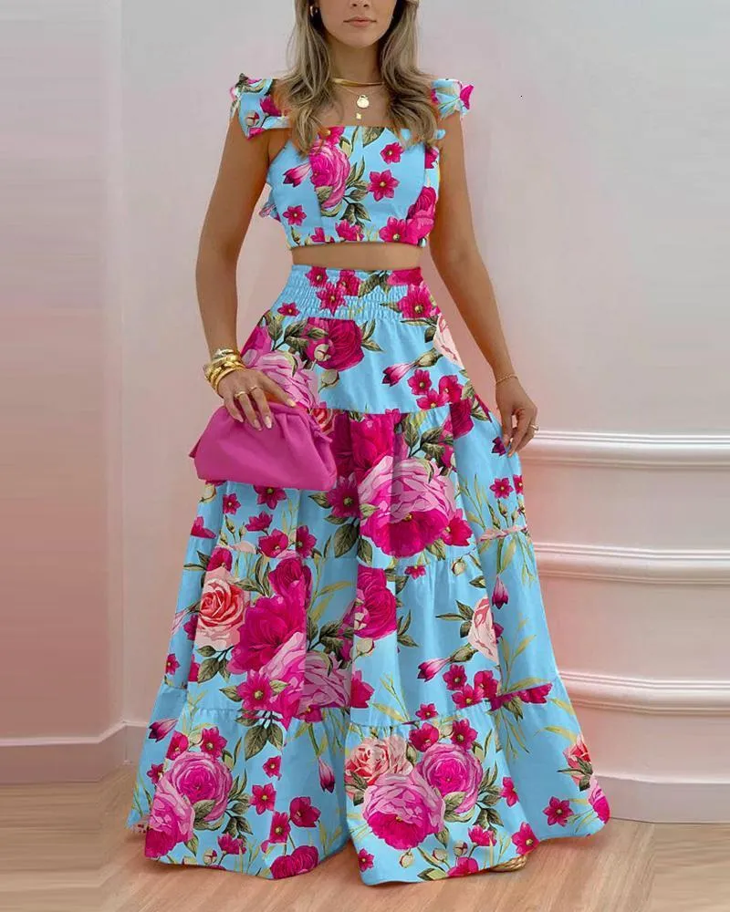 blue dresser gold hardware Blue Floral Cotton Envelope Skort - Two Piece Sets