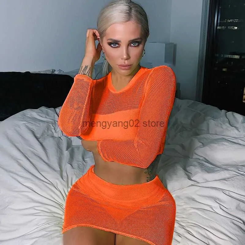 Robe deux pièces néon vert orange maille résille sexy femmes haut court et jupe deux pièces tenues moulante dames clubwear transparent clubwear costume T230510