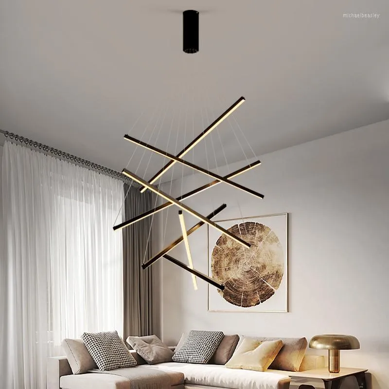 Lampadari Lampada a sospensione a LED in stile moderno e minimalista per soggiorno Camera da letto Sala da pranzo Scale Kithchen Soffitto nero Lampadario lungo