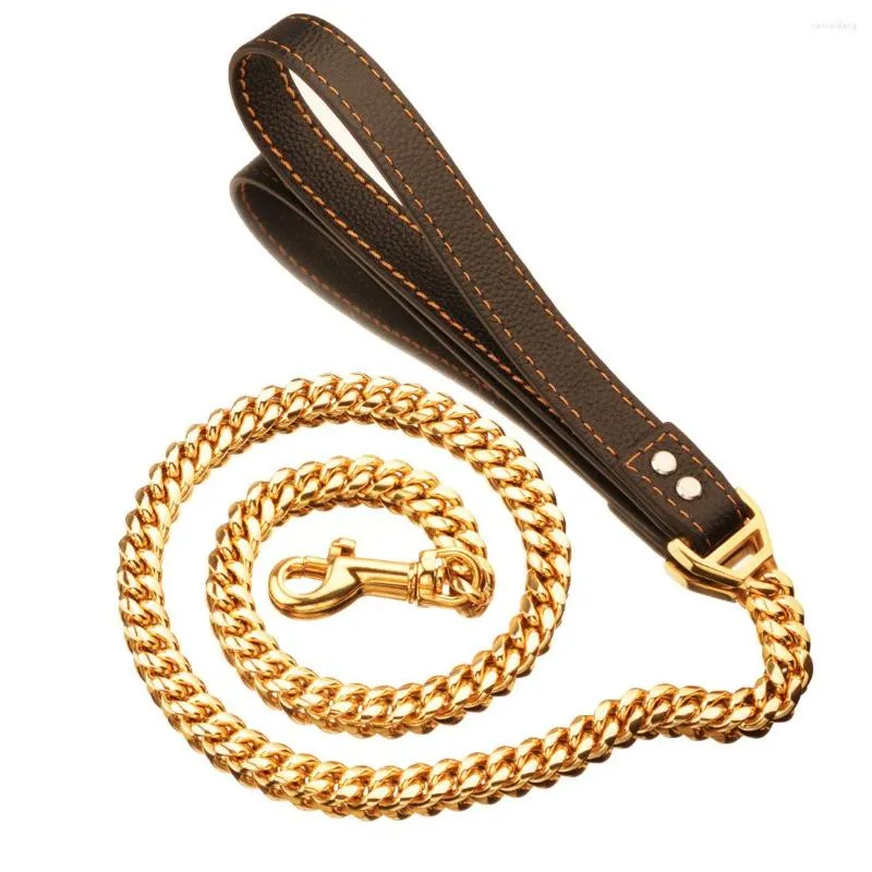 Hundehalsbänder Cuban Link Goldleine 14 mm starkes Haustier 2 ft 3 ft 4 ft 18 Karat plattierter Edelstahl mit Ledergriff