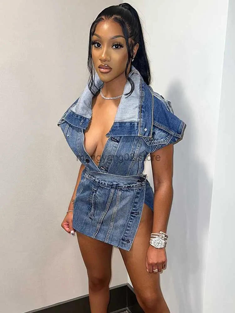 Tweedelige jurk sexy denim tweedelige set vrouwen zomer streetwear mouwloze knop crop top en side split mini rokken matching sets t230510