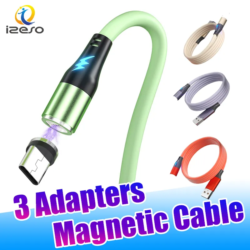 3A Magnetiska USB -kablar Typ C Snabbladdningssladd 1m Mjuk silikonkabel Snabbmagnetladdare för iPhone 15 14 Samsung Android -telefoner izeso