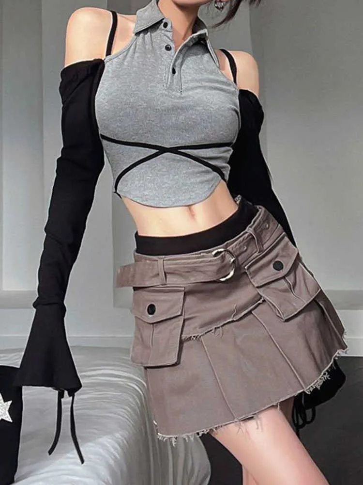 Women's Tanks Camis Off Shoulder Long Sleeve Tshirt Women KoreanTee Ladies Fashion Crop Top Y2k Aesthetic Slim Patchwork Tops Streetwear Z0510