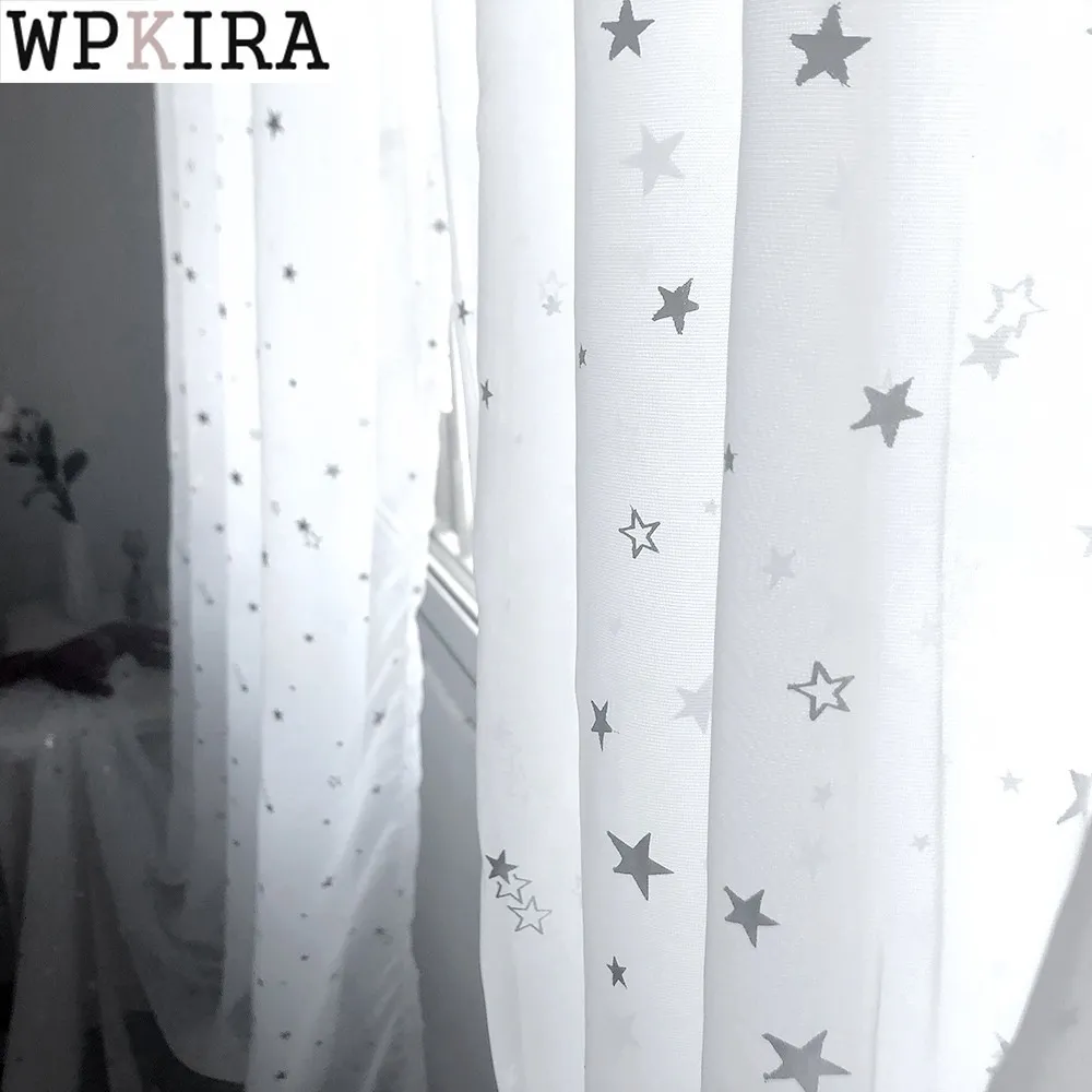Gordijn Wit glanzende Sliver -sterren Tule Curtains For Kids Room Modern Leuk Allmatch voile Window Treatment Sheers for Living WP234C 230510