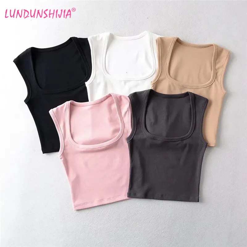 Kvinnors tankar Camis Lundunshijia Fashion Square Neck ärmlös Summer Crop Topps Women Casual Basic T Shirt Off Shoulder Cami Sexy Tank Top 230510