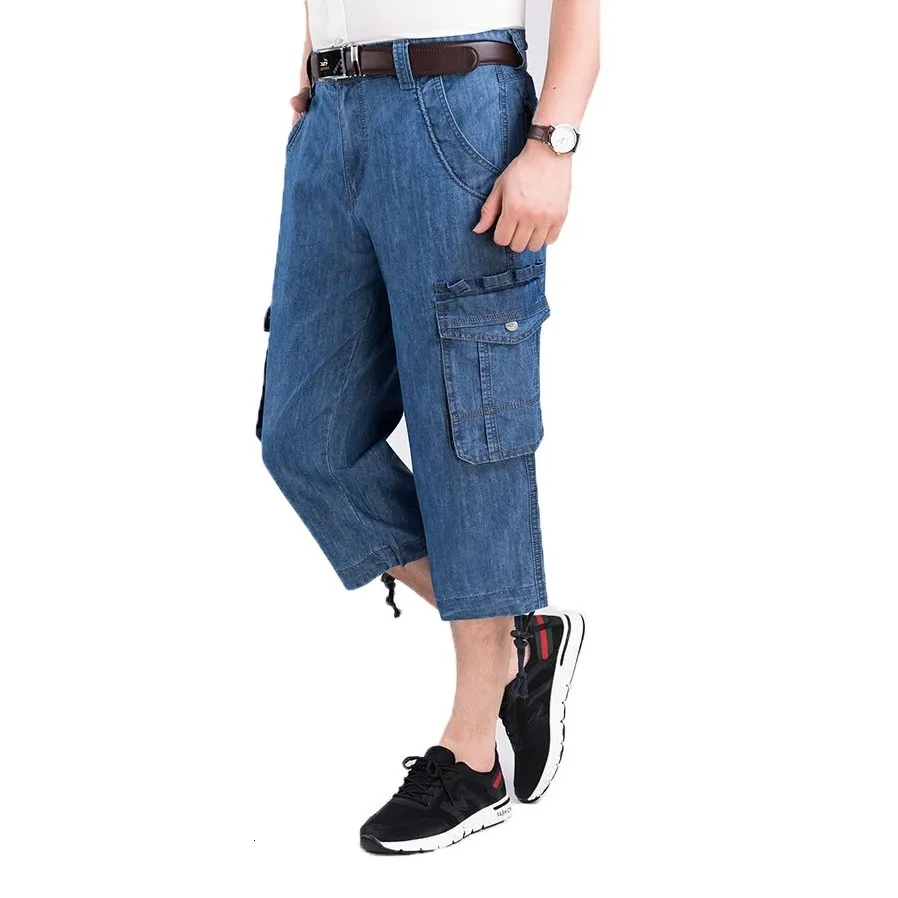 Männer Shorts Jeans Sommer Reithose Multi Seitentasche Casual Bermuda Männlich Gerade Lange Blaue Denim Lose Cargo Männer 230510