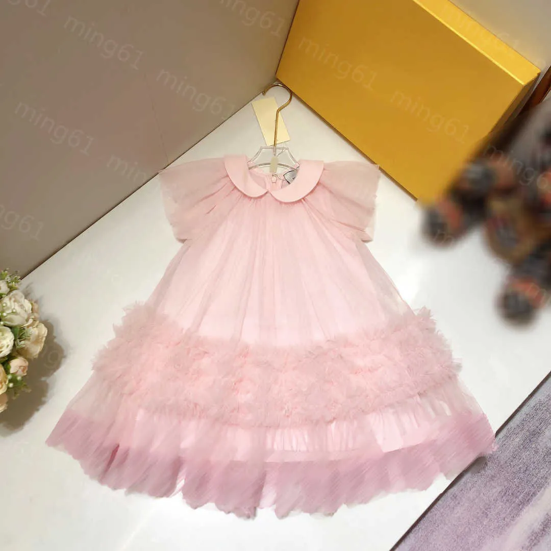 23ss roupas de grife para crianças vestido para meninas vestido de manga curta gola de boneca renda bordado gaze saia princesa com bainha grande saias para meninas roupas infantis de alta qualidade