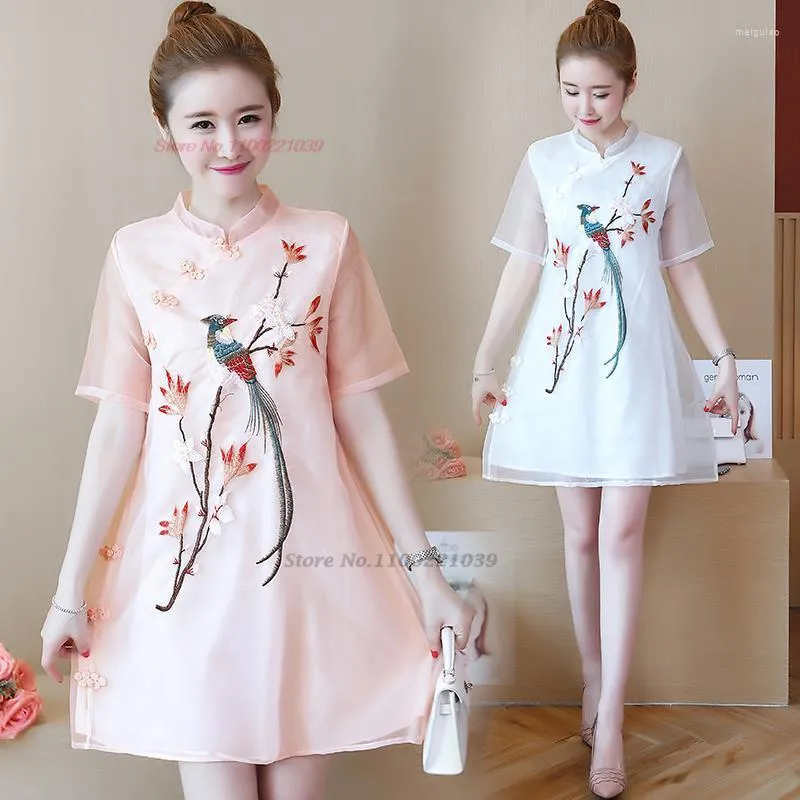 Ethnic Clothing 2023 Chinese Vintage Dress Cheongsam Improved Qipao National Flower Embroidery Chiffon Oriental Evening Vestido