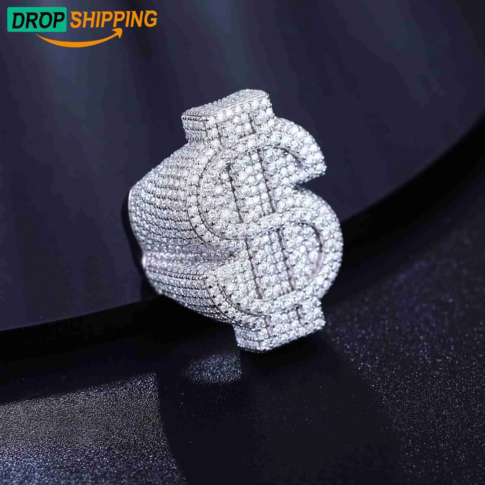 Bijoux Hip Hop plaqué or blanc, argent Sterling 925 VVS Moissanite diamant glacé, bague en Dollar USD pour hommes, livraison directe