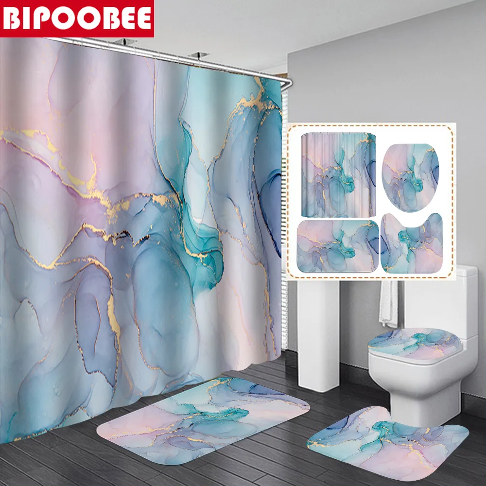 Shower Curtains High Quality Marble Bathroom Curtain Set Art Modern with Hooks Simple Bath Mats Rugs Toilet Lid Cover Carpet 230510