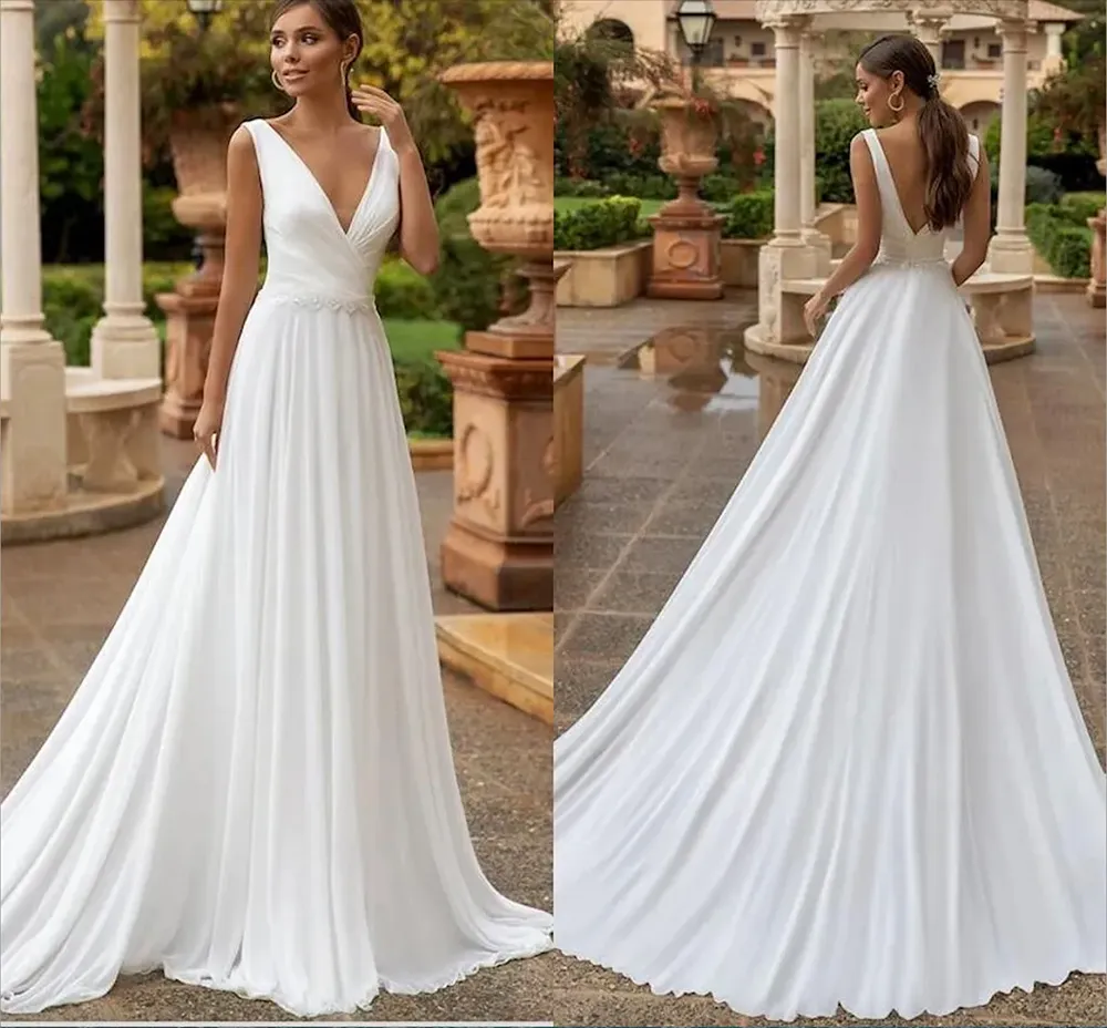 Einfache böhmische Strand-Brautkleider in A-Linie mit Spitze, tiefer V-Ausschnitt, Falten, drapierter Satin, rückenfreie Schärpen, Sweep-Zug, Boho-Brautkleider, zweites Empfangskleid nach Maß