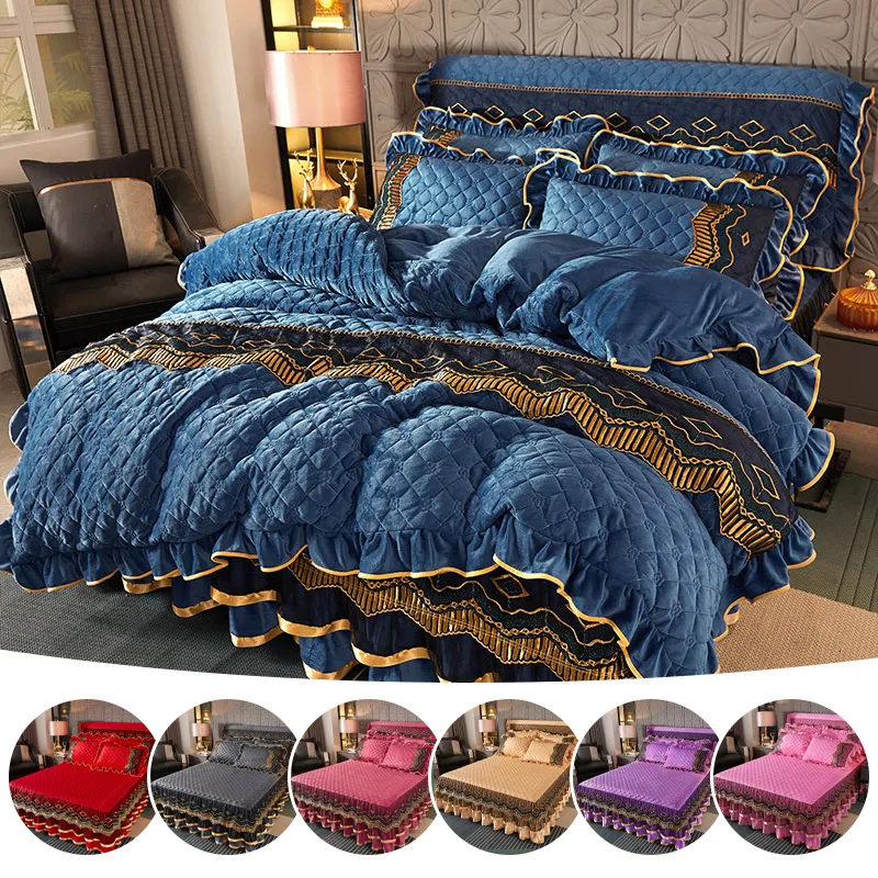 Sängkjol Luxury Crystal Velvet Thicken Bedstrast Winter European Style Velvet quiltad lakan broderi Bäddkjol Madrass Cover 230510