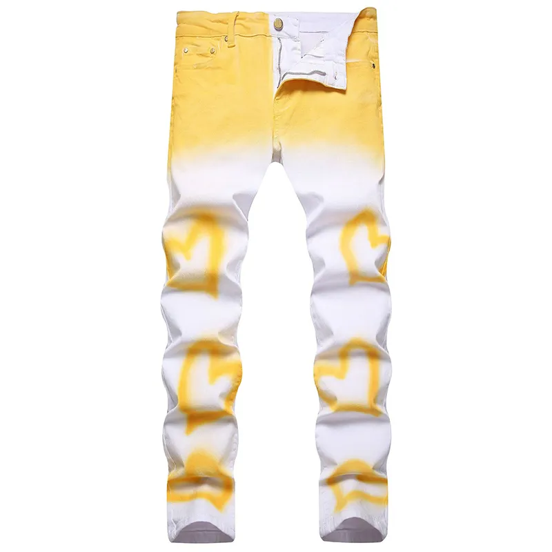 Jeans amarelo de verão para homens Moda personalizada calças slim straight contrast contraste design de streetwear mid-waist calças