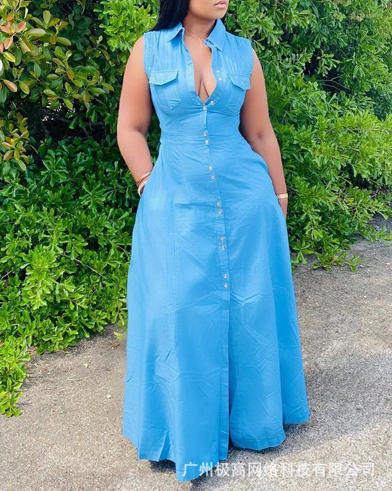 Casual pockets design top floor length dress