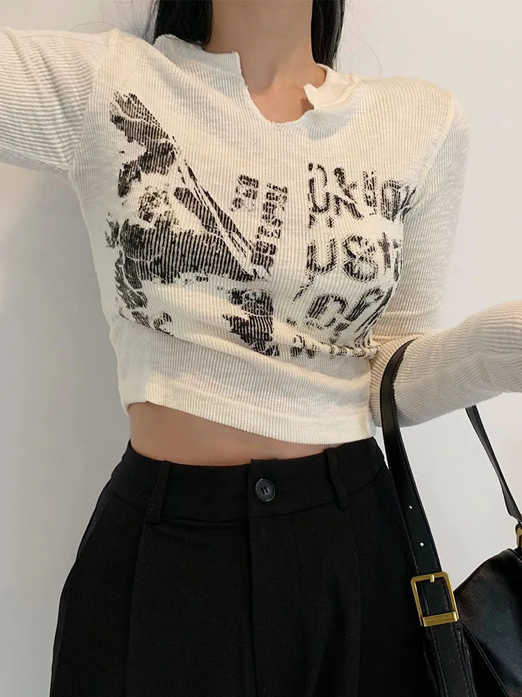 T-Shirt Femme Manches Longues Cropped Top Grunge Vêtements Vintage Lettre T-shirt Esthétique Style Coréen Chic Slim Automne y2k Streetwear 230510