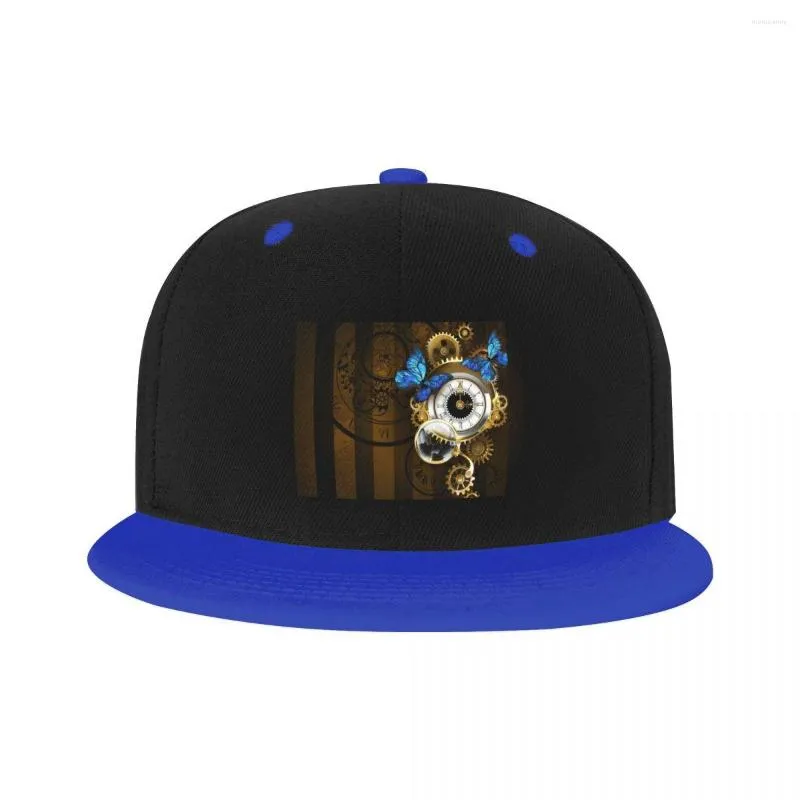 Ball Caps Unisex Silber Uhren mit blauen Schmetterlingen Baseballmütze Steampunk mechanischer Stil verstellbarer Hip Hop Hut für Männer Frauen Sport