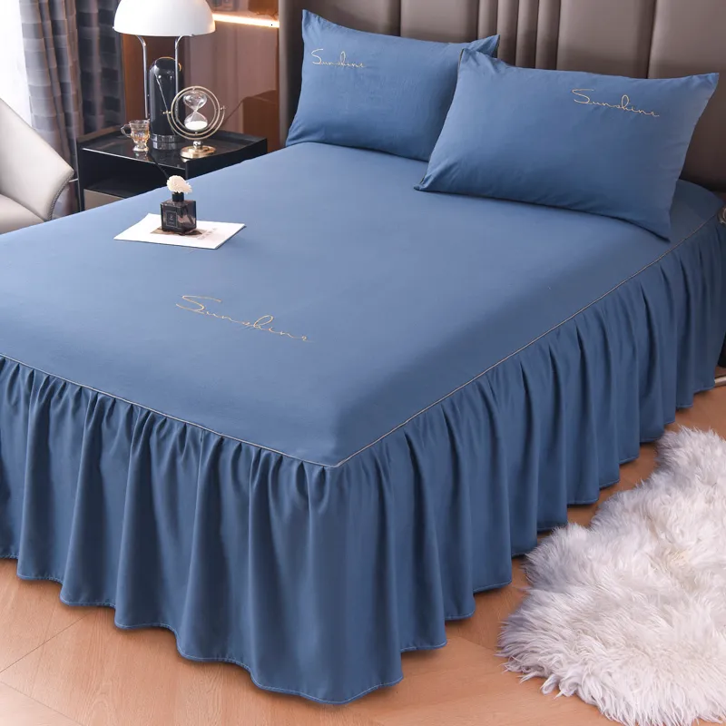 18 Drop Hem Bed Skirt Sheet Set With Embroidery, Solid Color Overlay