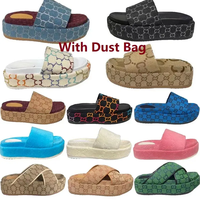 Slippers Denim Fashion Platform Slippers Designer Slides Black White Khaki High Mid heel Slide Luxury Beach Shoes for women