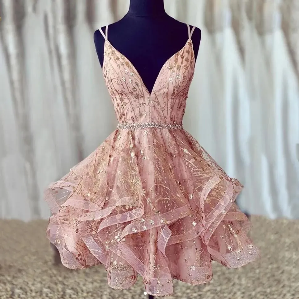 Bling Rose Pink Short Prom Homecoming Dresses Ruffle V-neck Crystal Beaded Sashes Evening Sweet 16 cocktail dress girls