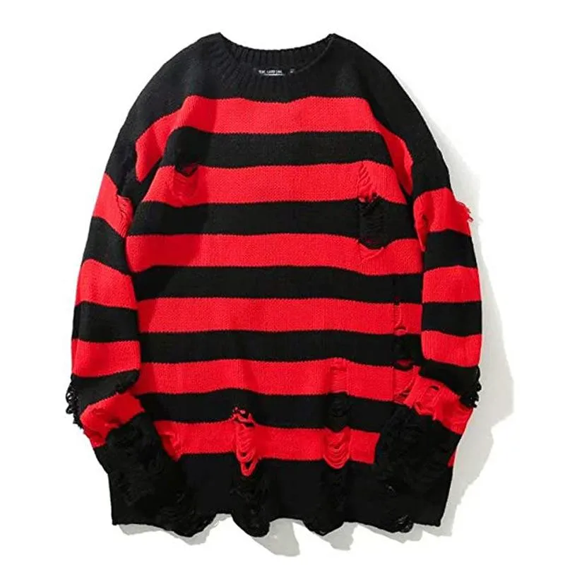 Men's Hoodies & Sweatshirts Long Sleeve Sweaters Red Black Ripped Stripe Knit Men Hip Hop Hole Casual Pullover Sweater Male Fashion Loose 73