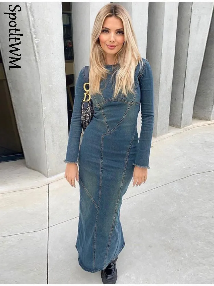 Повседневные платья Gaun Denim Biru Fashion MusiM Semi Wanita Panjang Gaya Celah Lengan Ritsleting 2023 Vestidos Maxi Kasual Keluar 230509