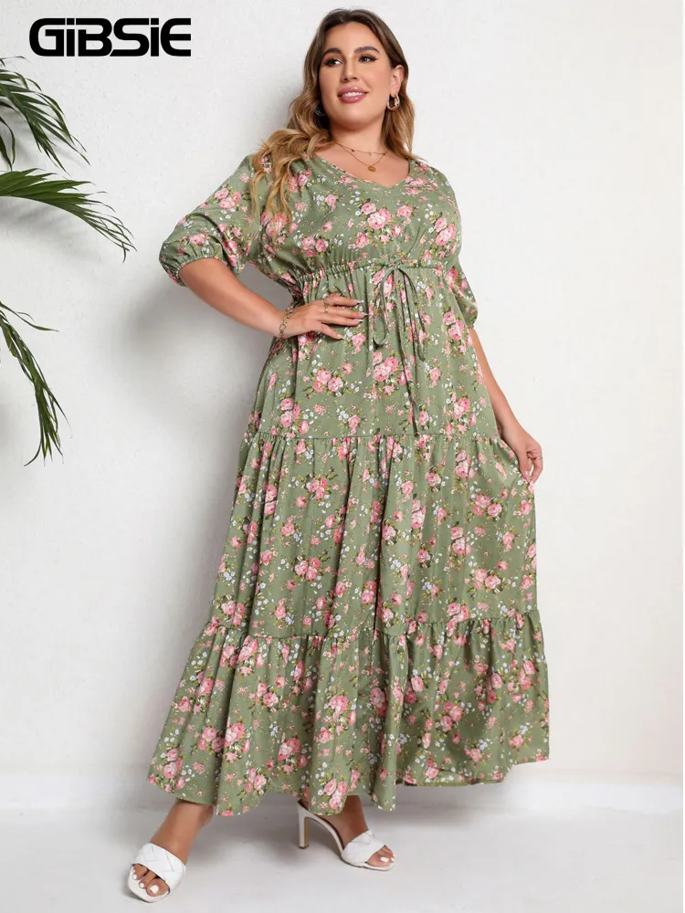 Plus size Dresses GIBSIE Plus Size Floral Print Knot Front Ruffle Hem Summer Dress Women Vacation Boho Puff Sleeve Split A-line Maxi Long Dresses 230511