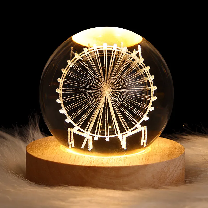 3D Solar System Crystal Ball Night Lamp Wooden Base USB Powered LED Nebula Moon Saturn Deer Design for Bedroom Decor and Christmas Gift