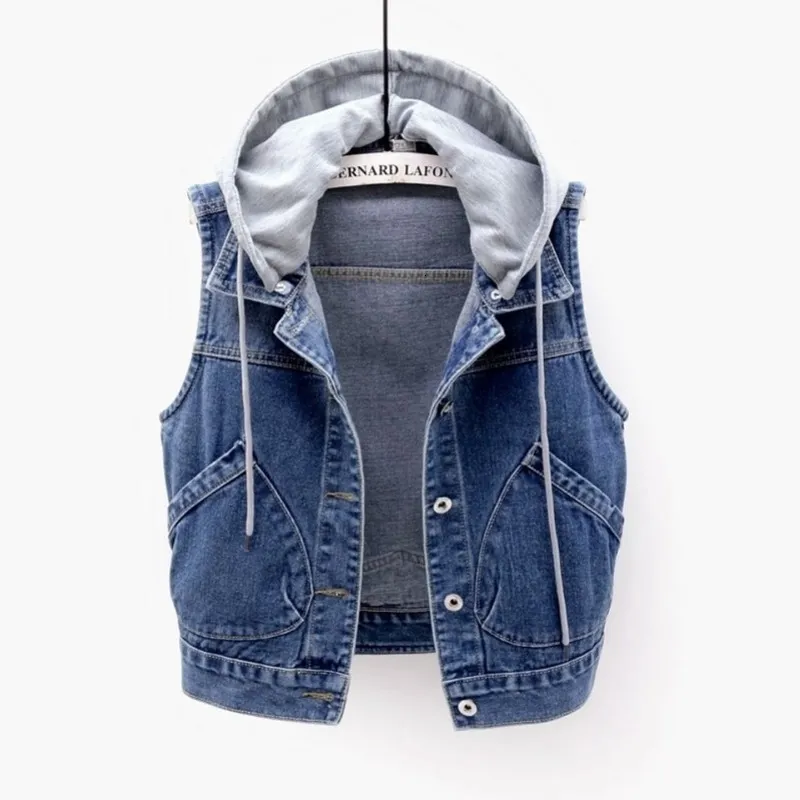 Damenwesten Jeansweste Damen Frühling Herbst Kleidung Ärmellos Wild Tops Kurze Kapuzenjacke Frauen Denim Jeans Weste Jacke Weiblich 230511