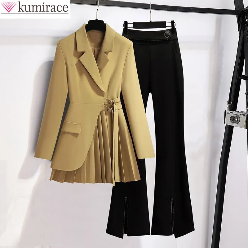 Women's Two Piece Pants Korean Autumn Style Drape Belt Decorative Casual Suit Jacket Wide Leg Trousers Two Piece Elegant Women's Pants Set 230511