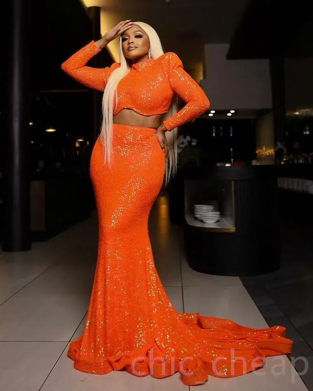 May Aso Ebi Mermaid Orange Prom Two Pieces Sequined Lace Evening Formal Party Second Reception Birthday Engagement Gowns Dress Robe De Soiree Zj197 407