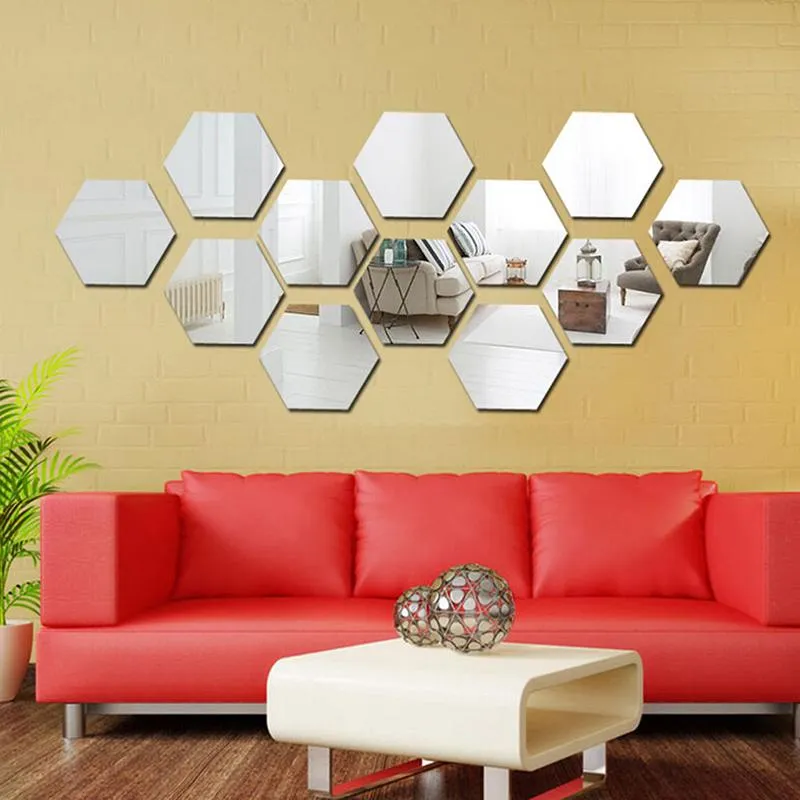 Espejos 2 uds 3D hexágono acrílico espejo pegatinas de pared DIY arte decoración hogar sala de estar espejo adhesivo decorativo